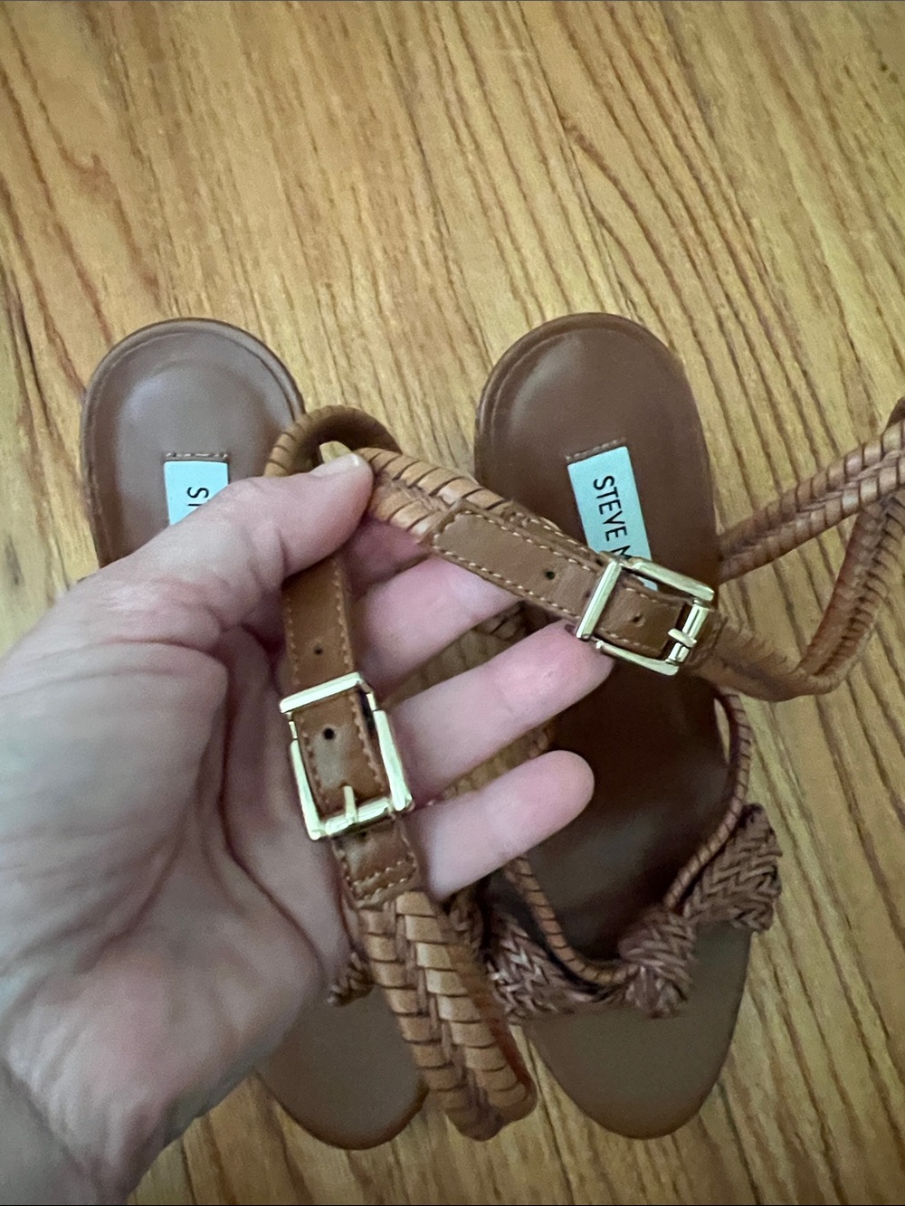 NEW STEVE MADDEN women's malou woven heel sandal in cognac 10M - Picture 7 of 16